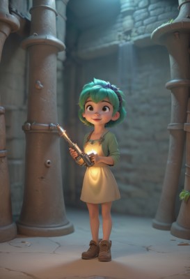 1girl,solo,looking at viewer,smile,short hair,open mouth,hair ornament,dress,holding,brown eyes,standing,full body,flower,hairband,green hair,shoes,blurry,glowing,brown footwear,child,female child,yellow dress,pillar,column,green eyes,weapon,:d,boots,teeth,gun,freckles,green dress,industrial pipe