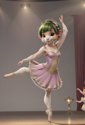 1girl,breasts,looking at viewer,smile,short hair,multiple girls,skirt,hair ornament,dress,2girls,animal ears,cleavage,standing,flower,pantyhose,small breasts,green hair,solo focus,indoors,hair flower,black eyes,arm up,leotard,leg up,standing on one leg,pink dress,furry,furry female,dancing,ballerina,ballet slippers,ballet,tutu,solo,blue eyes,full body