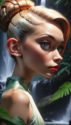 1girl,solo,looking at viewer,blue eyes,blonde hair,bare shoulders,jewelry,upper body,earrings,parted lips,sleeveless,water,hair bun,blurry,from side,lips,grey eyes,eyelashes,makeup,blurry background,leaf,single hair bun,plant,lipstick,portrait,realistic,nose,red lips,stud earrings,waterfall,brown hair,shirt,closed mouth,braid,artist name,sleeveless shirt,eyeshadow,mascara