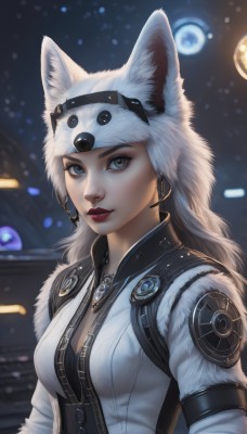 1girl,solo,long hair,breasts,looking at viewer,blue eyes,hat,animal ears,cleavage,jewelry,medium breasts,closed mouth,upper body,white hair,earrings,artist name,necklace,blurry,lips,coat,grey eyes,fur trim,eyelashes,makeup,blurry background,lipstick,snow,zipper,snowing,nose,winter clothes,red lips,animal hat,hat with ears,black hair,jacket,open clothes,signature,vest,buttons,pendant,realistic