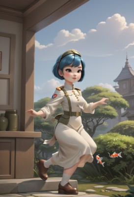 1girl,solo,blush,smile,short hair,bangs,long sleeves,dress,closed mouth,blue hair,standing,full body,hairband,outdoors,sky,shoes,day,socks,belt,cloud,white dress,uniform,black eyes,tree,blue sky,military,window,military uniform,brown footwear,standing on one leg,cloudy sky,grass,white socks,loafers,building,fish,walking,epaulettes,running,bush,teapot,house,goldfish,breasts,hat,brown eyes,lips,scenery,pouch