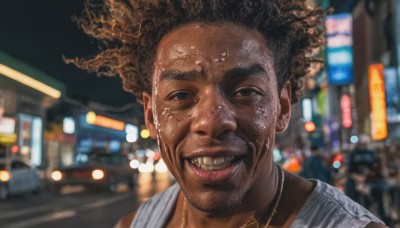 solo,looking at viewer,smile,brown hair,shirt,1boy,brown eyes,jewelry,white shirt,male focus,outdoors,teeth,dark skin,necklace,grin,blurry,black eyes,night,blurry background,facial hair,dark-skinned male,portrait,motor vehicle,curly hair,city,realistic,very dark skin,dreadlocks,afro,open mouth,black hair,upper body,lips,thick eyebrows,tank top,meme,stubble,photo background