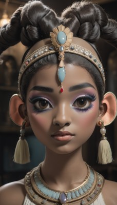 1girl,solo,looking at viewer,blush,brown hair,black hair,hair ornament,bare shoulders,brown eyes,jewelry,closed mouth,collarbone,braid,earrings,dark skin,necklace,hair bun,blurry,dark-skinned female,lips,eyelashes,makeup,blurry background,thick eyebrows,tiara,lipstick,gem,portrait,eyeshadow,eyeliner,straight-on,very dark skin,blue gemstone,mascara,dreadlocks,multiple braids,long hair,realistic,gold