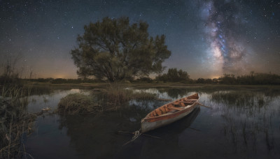 outdoors, sky, water, tree, no humans, night, star (sky), nature, night sky, scenery, starry sky, reflection, watercraft, boat, milky way