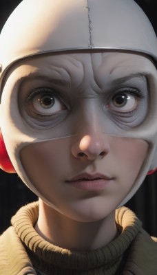 1girl,solo,looking at viewer,simple background,1boy,brown eyes,closed mouth,male focus,lips,mask,helmet,black background,portrait,close-up,realistic,nose,astronaut,hat,turtleneck,bald