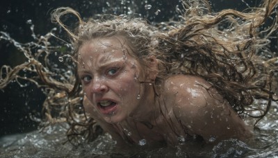 1girl,solo,long hair,looking at viewer,open mouth,blue eyes,blonde hair,upper body,nude,teeth,water,lips,wet,floating hair,partially submerged,bubble,underwater,realistic,nose,air bubble,splashing,swimming,bare shoulders,collarbone,mole,black background,freckles,water drop