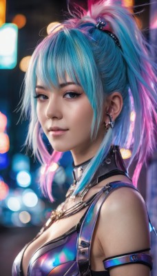 1girl,solo,long hair,breasts,looking at viewer,bangs,hair ornament,cleavage,bare shoulders,jewelry,medium breasts,closed mouth,blue hair,upper body,ponytail,pink hair,sidelocks,multicolored hair,earrings,choker,necklace,blurry,black eyes,from side,two-tone hair,lips,depth of field,blurry background,feathers,high ponytail,armlet,realistic,nose,arm strap,blue eyes,swimsuit,bikini,signature,collar,cross,cross earrings