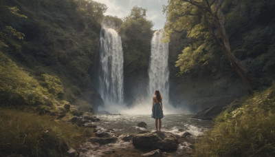 1girl, solo, long hair, skirt, black hair, dress, standing, outdoors, sky, barefoot, day, cloud, water, from behind, tree, grass, nature, scenery, rock, waterfall