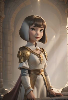 1girl,solo,looking at viewer,smile,short hair,bangs,brown hair,black hair,long sleeves,dress,brown eyes,closed mouth,standing,cowboy shot,small breasts,artist name,indoors,blunt bangs,cape,white dress,armor,lips,book,capelet,sunlight,bob cut,shoulder armor,backlighting,freckles,holding book,pauldrons,light rays,open book,pillar,breasts,holding,black eyes,nose