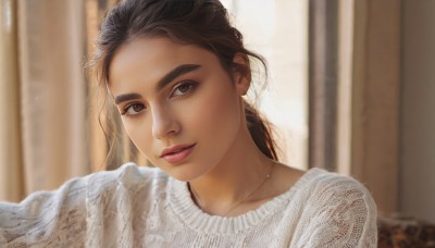 1girl,solo,long hair,looking at viewer,smile,brown hair,black hair,brown eyes,jewelry,upper body,parted lips,indoors,dark skin,necklace,blurry,sweater,dark-skinned female,lips,blurry background,portrait,realistic,nose,white sweater,earrings,eyelashes,makeup,depth of field,thick eyebrows,curtains