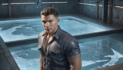 solo,looking at viewer,short hair,brown hair,shirt,black hair,1boy,brown eyes,jacket,upper body,male focus,dark skin,water,open jacket,wet,muscular,facial hair,dark-skinned male,pectorals,muscular male,realistic,pool,leather,undercut,closed mouth,black shirt,window,partially unbuttoned