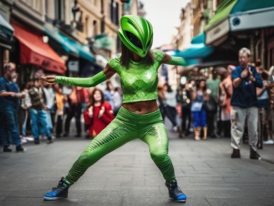 1girl,breasts,shirt,gloves,navel,medium breasts,standing,full body,outdoors,multiple boys,shoes,solo focus,day,elbow gloves,midriff,pants,dark skin,black footwear,blurry,dark-skinned female,crop top,depth of field,blurry background,helmet,blue shirt,sneakers,faceless,6+boys,city,fighting stance,realistic,road,street,green pants,crowd,photo background,long hair,black hair,green shirt