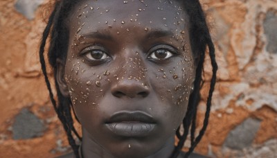 solo,looking at viewer,black hair,1boy,brown eyes,male focus,parted lips,teeth,dark skin,blurry,lips,facial hair,dark-skinned male,portrait,close-up,freckles,realistic,dirty,1girl,long hair,dark-skinned female,very dark skin,dreadlocks