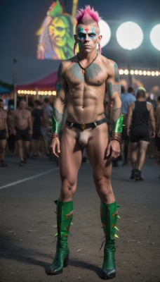 solo,looking at viewer,short hair,blue eyes,1boy,navel,jewelry,closed mouth,nipples,standing,full body,pink hair,male focus,thighs,nude,earrings,boots,outdoors,multiple boys,penis,solo focus,belt,necklace,bracelet,pubic hair,tattoo,muscular,blurry background,facial hair,thick thighs,piercing,abs,sunglasses,knee boots,pectorals,muscular male,wristband,ear piercing,male pubic hair,bara,large pectorals,bulge,topless male,realistic,arm tattoo,nipple piercing,undercut,green footwear,navel hair,crowd,bodypaint,flaccid,stage,leg hair,mohawk,1girl,blue hair,artist name,high heels,torn clothes,facial mark,high heel boots,bracer,facepaint