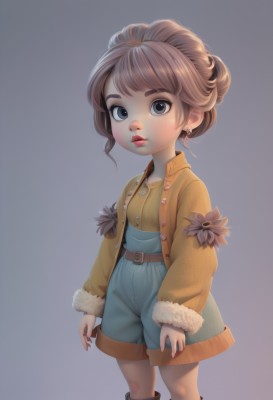 1girl,solo,looking at viewer,short hair,bangs,blue eyes,simple background,brown hair,shirt,long sleeves,jewelry,standing,jacket,flower,earrings,boots,parted lips,open clothes,shorts,belt,grey background,black eyes,lips,grey eyes,fur trim,makeup,buttons,child,freckles,female child,overalls,breasts,blush,artist name,nail polish,coat,gradient,gradient background,watermark,flower earrings