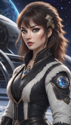 1girl,solo,long hair,breasts,looking at viewer,brown hair,hair ornament,long sleeves,brown eyes,jewelry,upper body,sky,belt,signature,medium hair,necklace,vest,lips,fur trim,makeup,lipstick,gem,star (sky),pendant,starry sky,freckles,science fiction,realistic,nose,red lips,space,planet,earth (planet),spacecraft,bangs,medium breasts,artist name