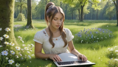 1girl,solo,long hair,breasts,brown hair,shirt,hair ornament,dress,jewelry,sitting,closed mouth,closed eyes,white shirt,upper body,ponytail,flower,short sleeves,outdoors,day,puffy sleeves,white dress,tree,puffy short sleeves,lips,sunlight,scrunchie,grass,high ponytail,white flower,instrument,nature,forest,realistic,music,computer,field,laptop,keyboard (computer),bangs,medium breasts,collarbone,sidelocks,blouse,nose,playing instrument