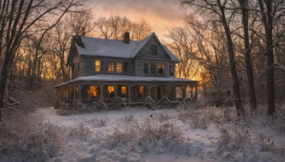 outdoors,sky,cloud,tree,no humans,window,grass,building,nature,scenery,snow,forest,fence,door,road,house,winter,bare tree,path,chimney,cloudy sky,sunset