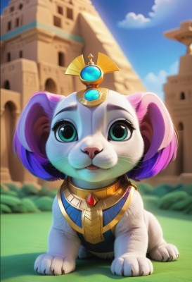 solo,looking at viewer,open mouth,jewelry,green eyes,full body,purple hair,outdoors,sky,day,cloud,blurry,tree,blue sky,no humans,:3,blurry background,animal,cat,grass,building,gem,animal focus,castle,lion,1girl,multicolored hair,watermark,cloudy sky,web address