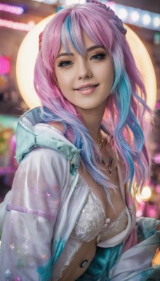 1girl,solo,long hair,breasts,looking at viewer,smile,bangs,blue eyes,long sleeves,navel,cleavage,jewelry,medium breasts,underwear,blue hair,jacket,upper body,pink hair,multicolored hair,parted lips,open clothes,teeth,artist name,hood,necklace,bra,grin,blurry,two-tone hair,open jacket,lips,streaked hair,eyelashes,gradient hair,depth of field,blurry background,piercing,white jacket,white bra,realistic,nose,navel piercing,purple hair,ahoge,signature,grey eyes,makeup,hooded jacket