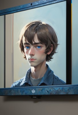 solo,looking at viewer,blush,short hair,bangs,blue eyes,brown hair,shirt,1boy,closed mouth,jacket,upper body,male focus,parted lips,collared shirt,artist name,indoors,lips,thick eyebrows,blue shirt,portrait,freckles,reflection,realistic,nose,1girl,white shirt,character name,window,blue jacket,denim jacket,aquarium