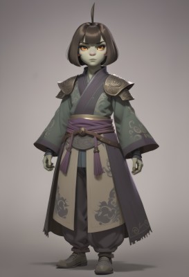 1girl,solo,looking at viewer,short hair,bangs,simple background,brown hair,black hair,long sleeves,brown eyes,jewelry,closed mouth,standing,full body,ahoge,earrings,japanese clothes,shoes,pants,artist name,wide sleeves,blunt bangs,kimono,grey background,armor,orange eyes,gradient,sash,gradient background,colored skin,frown,black pants,shoulder armor,black nails,brown background,arms at sides,green skin,grey skin,white background,belt,fingernails,bob cut,androgynous,1other,colored sclera,long fingernails,pauldrons,sharp fingernails,grey footwear