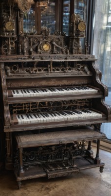 indoors,no humans,window,instrument,scenery,wooden floor,stairs,music,clock,playing instrument,gears,piano,still life,chandelier,grand piano,sunlight,reflection,roman numeral,sheet music,analog clock