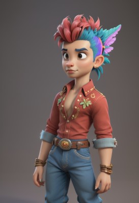 solo,blush,smile,short hair,simple background,shirt,hair ornament,1boy,brown eyes,jewelry,blue hair,pink hair,male focus,red hair,multicolored hair,earrings,belt,pants,bracelet,two-tone hair,open shirt,piercing,feathers,denim,red shirt,ear piercing,jeans,unbuttoned,unbuttoned shirt,mohawk,1girl,breasts,nail polish,no bra,watermark,bug,butterfly hair ornament,stud earrings,partially unbuttoned