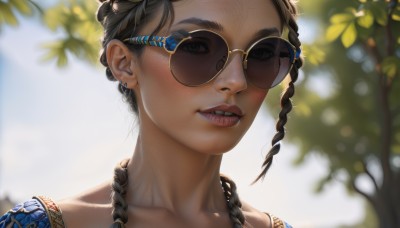 1girl,solo,long hair,looking at viewer,brown hair,black hair,brown eyes,jewelry,collarbone,braid,earrings,outdoors,parted lips,glasses,teeth,day,necklace,blurry,twin braids,tree,lips,makeup,depth of field,blurry background,piercing,sunglasses,thick eyebrows,portrait,freckles,realistic,nose,round eyewear,stud earrings,tinted eyewear,mascara,yellow-framed eyewear,aviator sunglasses,artist name,mole,eyelashes,mole under eye,sunlight,ear piercing,hair over shoulder,close-up,backlighting,dappled sunlight