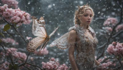 1girl, solo, breasts, looking at viewer, blue eyes, blonde hair, dress, flower, parted lips, wings, blurry, bug, tiara, butterfly, snow, snowing, realistic, branch