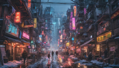 multiple girls, outdoors, multiple boys, dutch angle, night, ground vehicle, building, scenery, science fiction, rain, 6+boys, city, sign, road, cityscape, power lines, street, city lights, cyberpunk, neon lights, people