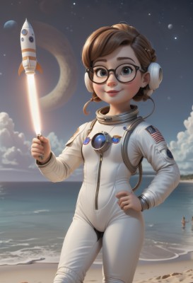 1girl,solo,breasts,looking at viewer,blush,smile,short hair,blue eyes,brown hair,holding,closed mouth,standing,weapon,braid,small breasts,outdoors,sky,glasses,solo focus,artist name,cloud,water,lips,hand on hip,bodysuit,night,ocean,beach,moon,star (sky),night sky,starry sky,science fiction,black-framed eyewear,realistic,nose,round eyewear,sand,horizon,space,crescent moon,white bodysuit,planet,american flag,spacecraft,spacesuit,space helmet,astronaut,lightsaber,sword,signature,thick eyebrows,headset,freckles,wand,waves,energy sword,shore