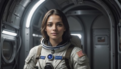 1girl,solo,looking at viewer,smile,brown hair,black hair,brown eyes,closed mouth,upper body,indoors,medium hair,blurry,lips,science fiction,realistic,nose,american flag,spacesuit,astronaut,parted lips,makeup,blurry background,backpack,portrait,forehead,space,planet,spacecraft