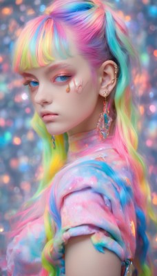 1girl,solo,long hair,breasts,looking at viewer,bangs,blue eyes,blonde hair,shirt,jewelry,medium breasts,closed mouth,blue hair,upper body,pink hair,short sleeves,heart,multicolored hair,earrings,puffy sleeves,blunt bangs,blurry,from side,two-tone hair,puffy short sleeves,lips,streaked hair,looking to the side,eyelashes,aqua hair,gradient hair,makeup,depth of field,blurry background,facial mark,expressionless,piercing,gem,ear piercing,eyeshadow,pink shirt,pink lips,realistic,nose,eyeliner,bokeh,colorful,mascara,rainbow hair,green hair,artist name,torn clothes,facepaint