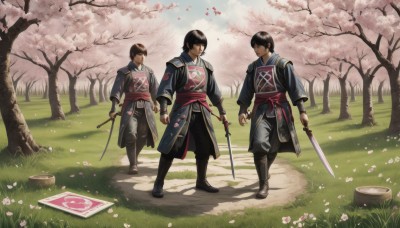 brown hair,black hair,holding,standing,weapon,flower,male focus,boots,outdoors,multiple boys,sword,holding weapon,armor,tree,sash,petals,holding sword,3boys,grass,cherry blossoms,nature,walking,dual wielding,smile,short hair,gloves,day,fingerless gloves,looking at another,holding hands,katana