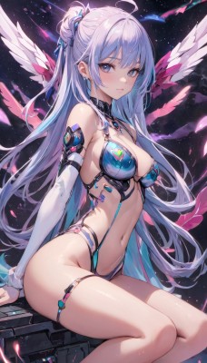 1girl,solo,long hair,breasts,looking at viewer,blush,bangs,blue eyes,long sleeves,navel,cleavage,bare shoulders,jewelry,medium breasts,sitting,very long hair,closed mouth,blue hair,swimsuit,ahoge,white hair,sidelocks,thighs,multicolored hair,earrings,detached sleeves,wings,stomach,hair bun,skindentation,thigh strap,detached collar,feet out of frame,frown,highleg,single hair bun,revealing clothes,angel wings,large breasts,hair ornament,purple eyes,bikini,choker,groin,see-through,expressionless,string bikini