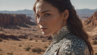 1girl,solo,long hair,looking at viewer,brown hair,brown eyes,closed mouth,upper body,outdoors,day,armor,blurry,from side,lips,depth of field,blurry background,expressionless,portrait,mountain,realistic,nose,chainmail,black hair,sky,sunlight,shoulder armor,sand,desert