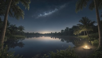 outdoors,sky,cloud,water,tree,no humans,night,ocean,grass,plant,star (sky),nature,night sky,scenery,forest,starry sky,reflection,palm tree,horizon,light,candle,dark,lake,reflective water