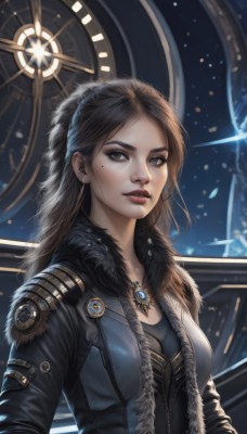 1girl,solo,long hair,breasts,looking at viewer,brown hair,cleavage,brown eyes,jewelry,medium breasts,jacket,upper body,earrings,parted lips,open clothes,necklace,mole,lips,fur trim,mole under eye,makeup,pendant,realistic,nose,leather,bangs,shirt,black hair,hairband,artist name,signature,open jacket,black jacket,parted bangs,backlighting,fur collar,red lips