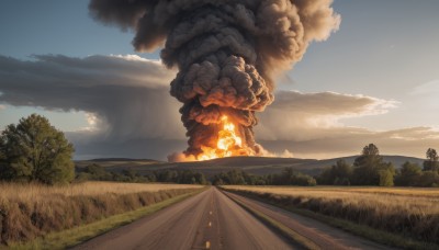 outdoors,sky,day,cloud,tree,blue sky,no humans,cloudy sky,grass,fire,ground vehicle,nature,scenery,forest,smoke,mountain,road,bush,explosion,landscape,hill,railroad tracks