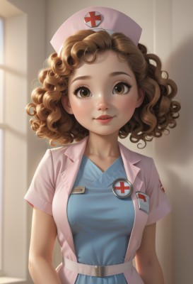 1girl,solo,breasts,looking at viewer,blush,smile,short hair,brown hair,hat,dress,brown eyes,medium breasts,collarbone,upper body,short sleeves,parted lips,open clothes,belt,indoors,medium hair,blurry,lips,blurry background,blue dress,shadow,wavy hair,freckles,curly hair,nurse cap,arms at sides,nurse,nose,name tag