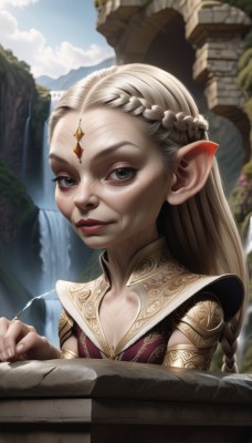 1girl,solo,long hair,breasts,looking at viewer,smile,blue eyes,blonde hair,brown hair,dress,cleavage,jewelry,upper body,braid,outdoors,sky,day,pointy ears,cloud,water,necklace,blue sky,lips,grey eyes,elf,realistic,nose,fantasy,waterfall,hair ornament,eyelashes,makeup,facial mark,forehead mark