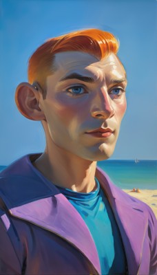 solo,looking at viewer,short hair,blue eyes,shirt,1boy,closed mouth,jacket,upper body,male focus,outdoors,sky,day,water,orange hair,blue sky,lips,facial hair,ocean,beach,blue shirt,portrait,realistic,nose,sand,purple jacket,animification,smile,solo focus,cloud,signature,purple shirt