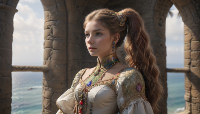 1girl,solo,long hair,breasts,blue eyes,blonde hair,brown hair,hair ornament,long sleeves,dress,jewelry,upper body,ponytail,earrings,outdoors,sky,choker,day,puffy sleeves,water,necklace,white dress,blurry,lips,ocean,looking away,high ponytail,gem,realistic,looking afar,hair pulled back,closed mouth,from side,tree,depth of field,wavy hair,sunlight,backlighting,nose,sand,pillar