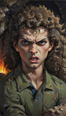 1girl,solo,long hair,looking at viewer,open mouth,brown hair,shirt,brown eyes,jewelry,upper body,earrings,teeth,mole,uniform,lips,v-shaped eyebrows,military,blood,military uniform,makeup,crossed arms,thick eyebrows,fire,lipstick,angry,curly hair,realistic,nose,red lips,stud earrings,dirty,dirty face,afro,black hair,jacket,portrait,blood on face