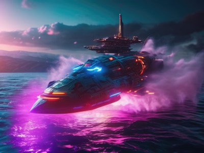 outdoors,sky,cloud,signature,water,military,no humans,glowing,ocean,scenery,smoke,flying,science fiction,mountain,realistic,military vehicle,watercraft,vehicle focus,ship,spacecraft,lights,warship,thrusters,island,cloudy sky,horizon,landscape