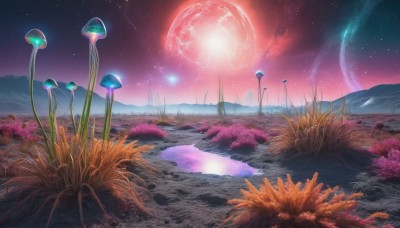 outdoors,sky,water,tree,no humans,night,moon,grass,star (sky),night sky,scenery,full moon,starry sky,reflection,mountain,fantasy,mushroom,planet,landscape,glowing,red moon,jellyfish