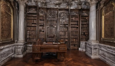 indoors,book,no humans,window,chair,table,scenery,wooden floor,stairs,door,bookshelf,candle,pillar,book stack,library,candlestand,chandelier,architecture,carpet,column