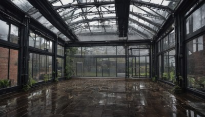 outdoors,sky,day,cloud,indoors,water,tree,no humans,window,cloudy sky,plant,building,scenery,reflection,rain,wooden floor,ruins,puddle,overgrown,tiles,potted plant,tile floor,ceiling,reflective floor