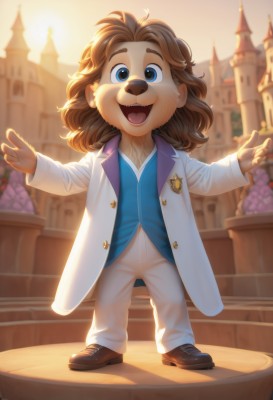 solo,long hair,looking at viewer,smile,open mouth,blue eyes,brown hair,shirt,long sleeves,1boy,animal ears,standing,jacket,full body,:d,male focus,outdoors,food,shoes,teeth,pants,blurry,vest,fruit,blurry background,formal,thick eyebrows,suit,blue shirt,building,child,furry,backlighting,white pants,sun,furry male,male child,blue vest,badge,castle,grapes,brown fur,church,white suit,short hair,open clothes,artist name,buttons,brown footwear,sunlight,white jacket,outstretched arms,loafers,sunset,white coat